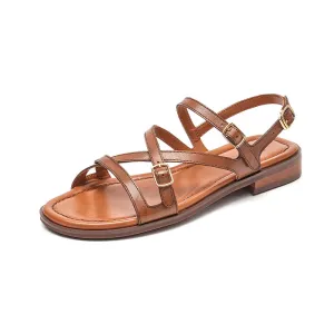 Beautoday Women's Leather Cross Strap Sandals with Metal Buckle Decor