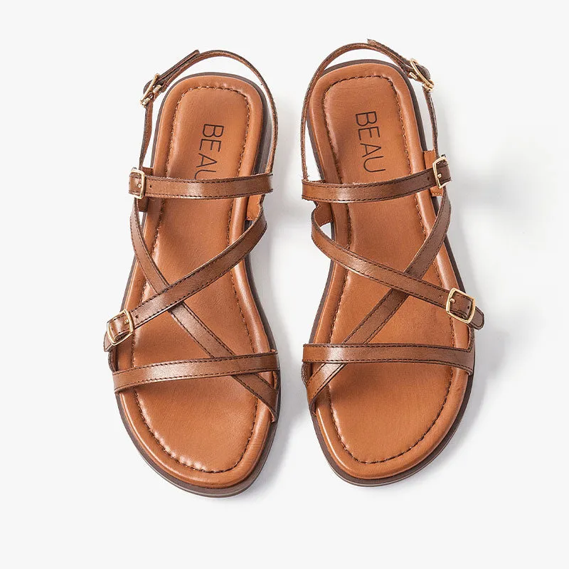 Beautoday Women's Leather Cross Strap Sandals with Metal Buckle Decor