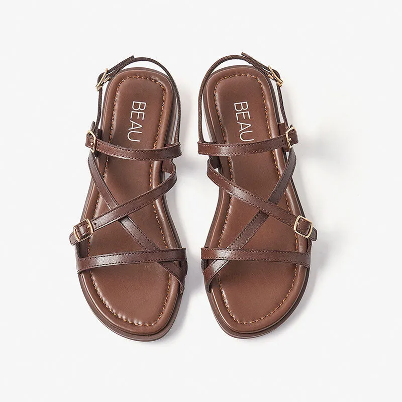 Beautoday Women's Leather Cross Strap Sandals with Metal Buckle Decor