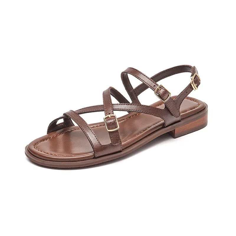 Beautoday Women's Leather Cross Strap Sandals with Metal Buckle Decor