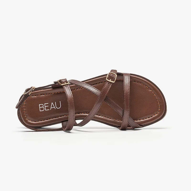 Beautoday Women's Leather Cross Strap Sandals with Metal Buckle Decor