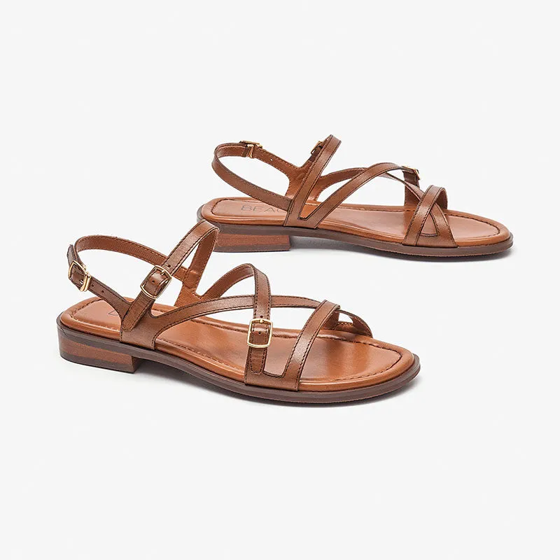 Beautoday Women's Leather Cross Strap Sandals with Metal Buckle Decor