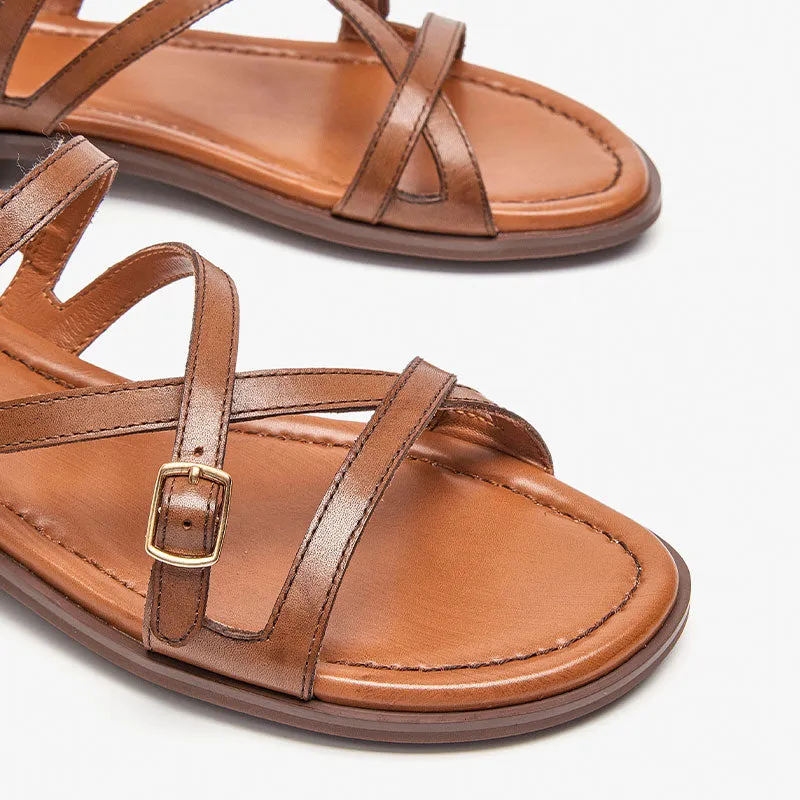 Beautoday Women's Leather Cross Strap Sandals with Metal Buckle Decor