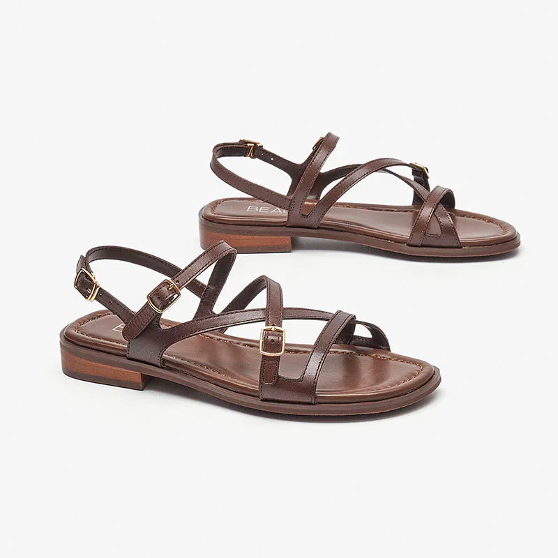 Beautoday Women's Leather Cross Strap Sandals with Metal Buckle Decor