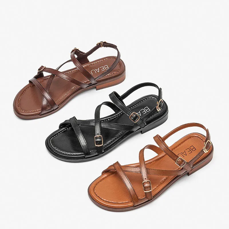 Beautoday Women's Leather Cross Strap Sandals with Metal Buckle Decor