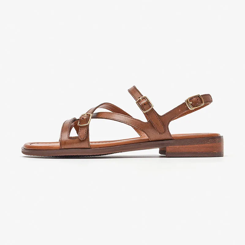 Beautoday Women's Leather Cross Strap Sandals with Metal Buckle Decor
