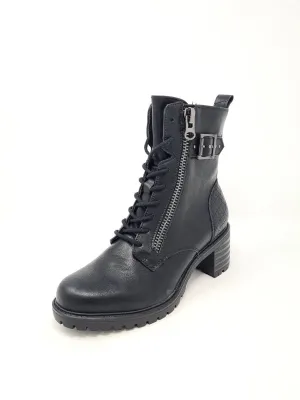 Black Lace Up Mid Heel Biker Boots