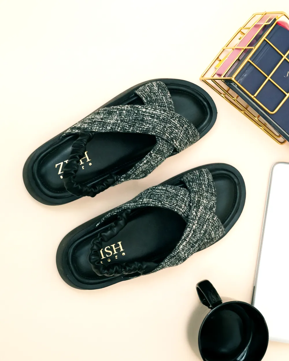 Black Tweed  Criss-Cross Sandals