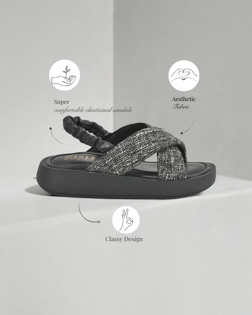 Black Tweed  Criss-Cross Sandals