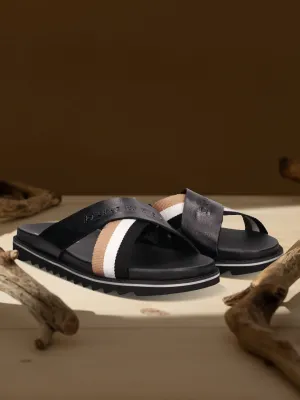 bugatti Black & Multicolour Premium Leather Cross Straps Sandals