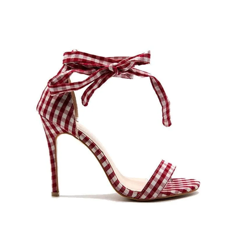 Checkered Plaid Cross-Tied Heels Ladies Ankle Strap High Sandals