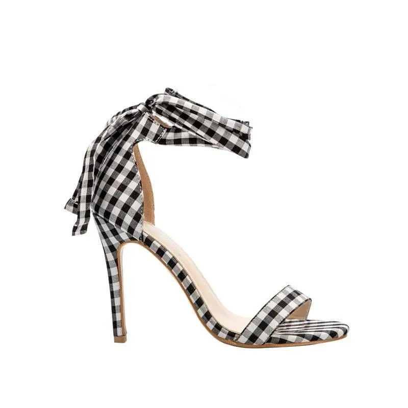 Checkered Plaid Cross-Tied Heels Ladies Ankle Strap High Sandals