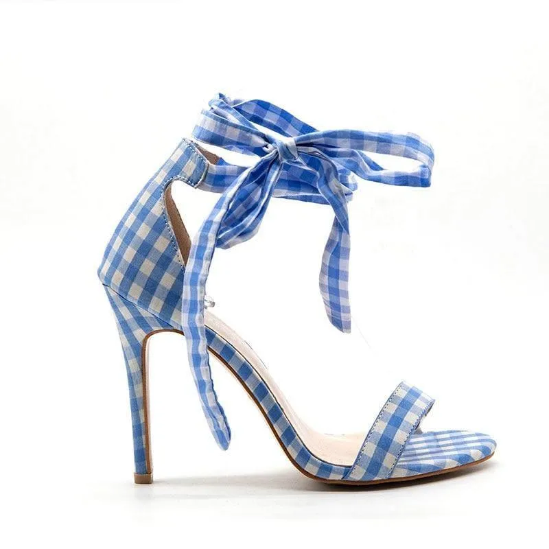 Checkered Plaid Cross-Tied Heels Ladies Ankle Strap High Sandals
