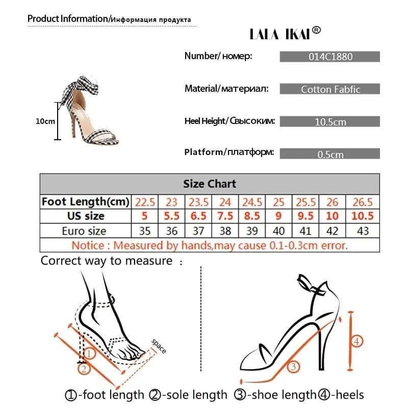 Checkered Plaid Cross-Tied Heels Ladies Ankle Strap High Sandals