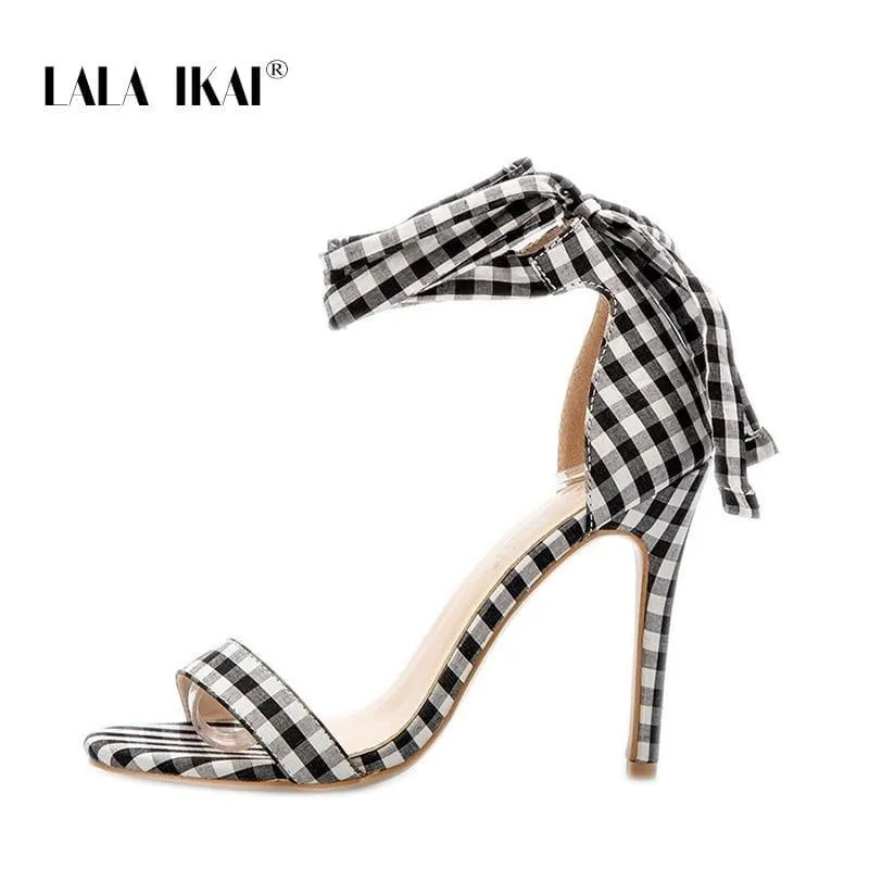 Checkered Plaid Cross-Tied Heels Ladies Ankle Strap High Sandals
