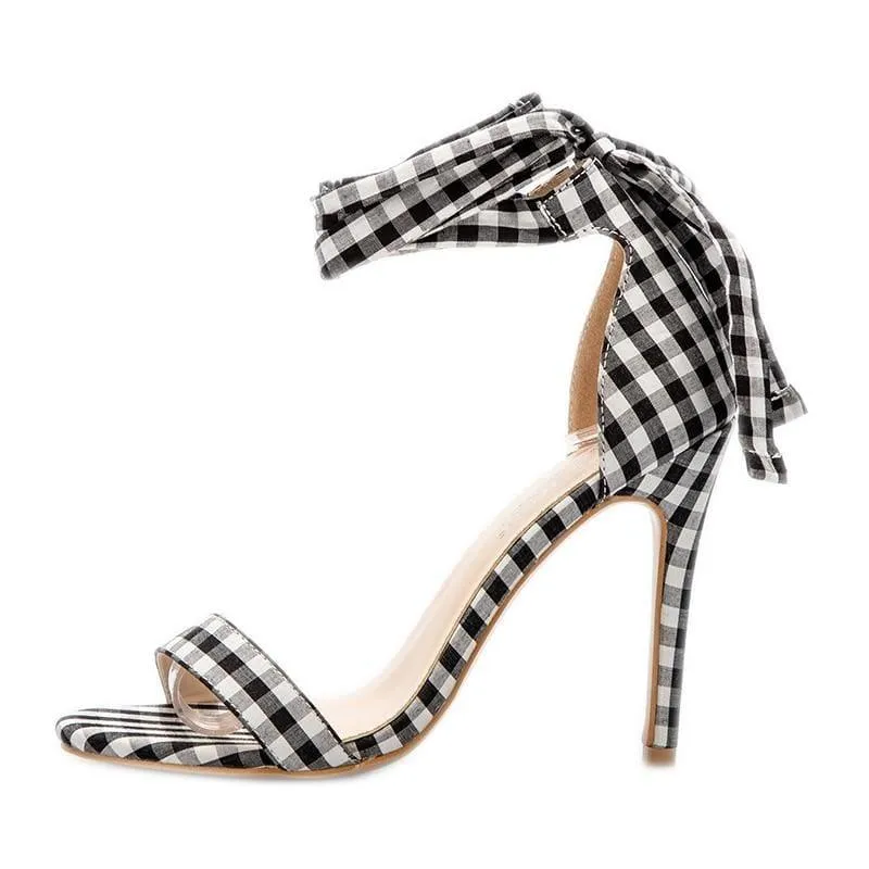 Checkered Plaid Cross-Tied Heels Ladies Ankle Strap High Sandals