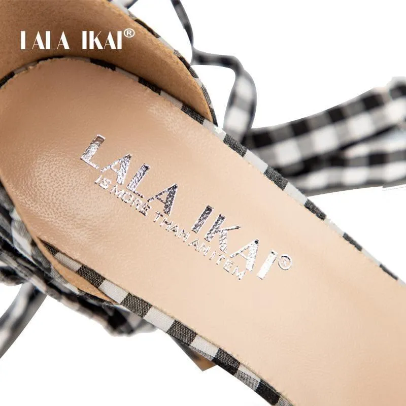 Checkered Plaid Cross-Tied Heels Ladies Ankle Strap High Sandals
