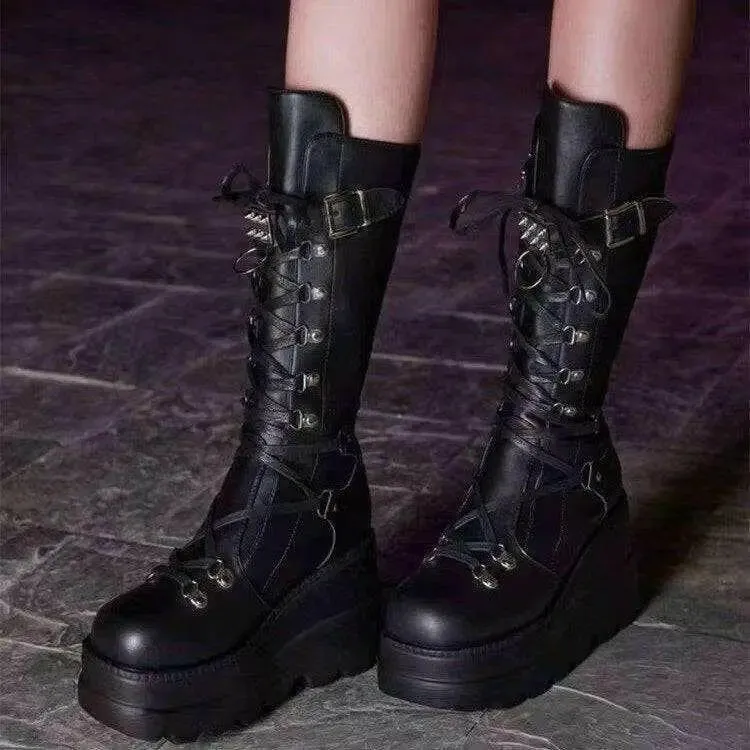 Chic PU Leather Lace Up Wedge Boots for Luxury Fashion for Woman