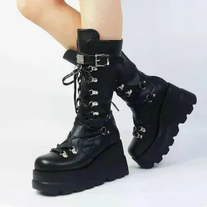 Chic PU Leather Lace Up Wedge Boots for Luxury Fashion for Woman