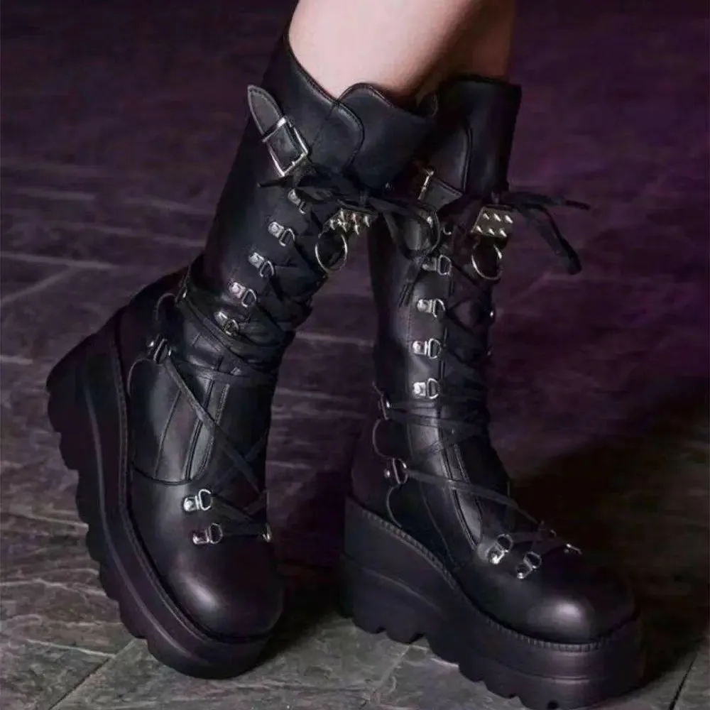 Chic PU Leather Lace Up Wedge Boots for Luxury Fashion for Woman