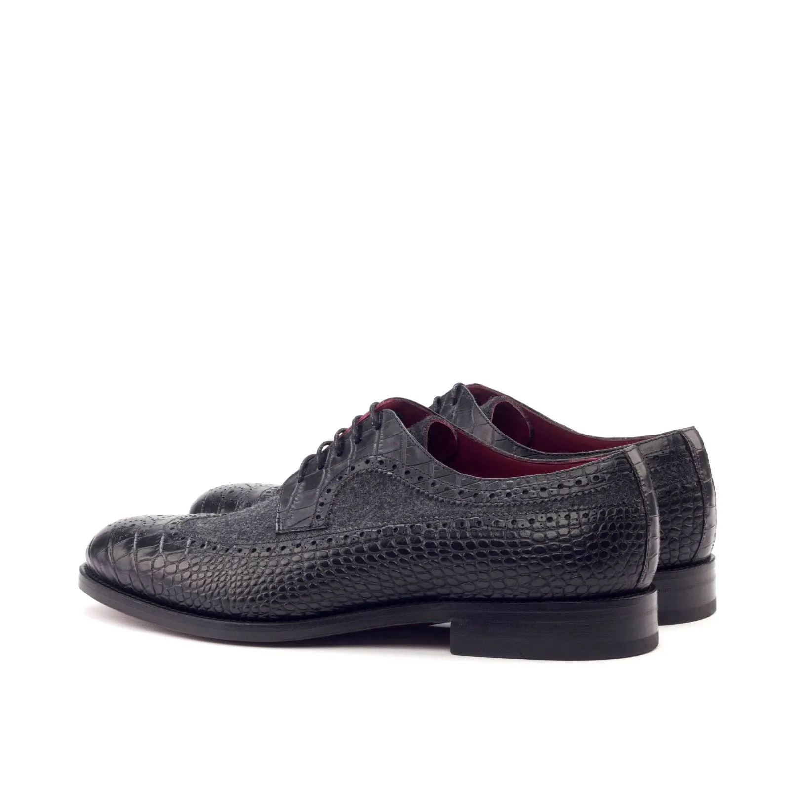 DapperFam Zephyr in Black / Dark Grey Men's Italian Croco Embossed Leather & Flannel Longwing Blucher