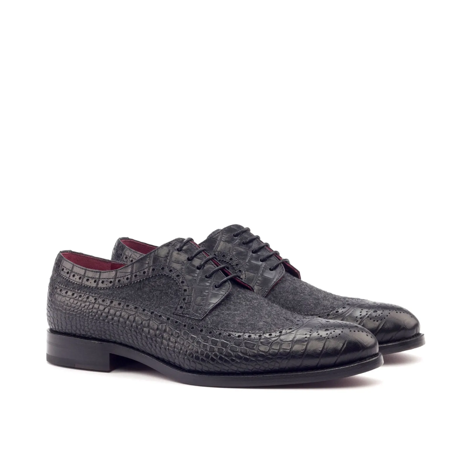 DapperFam Zephyr in Black / Dark Grey Men's Italian Croco Embossed Leather & Flannel Longwing Blucher