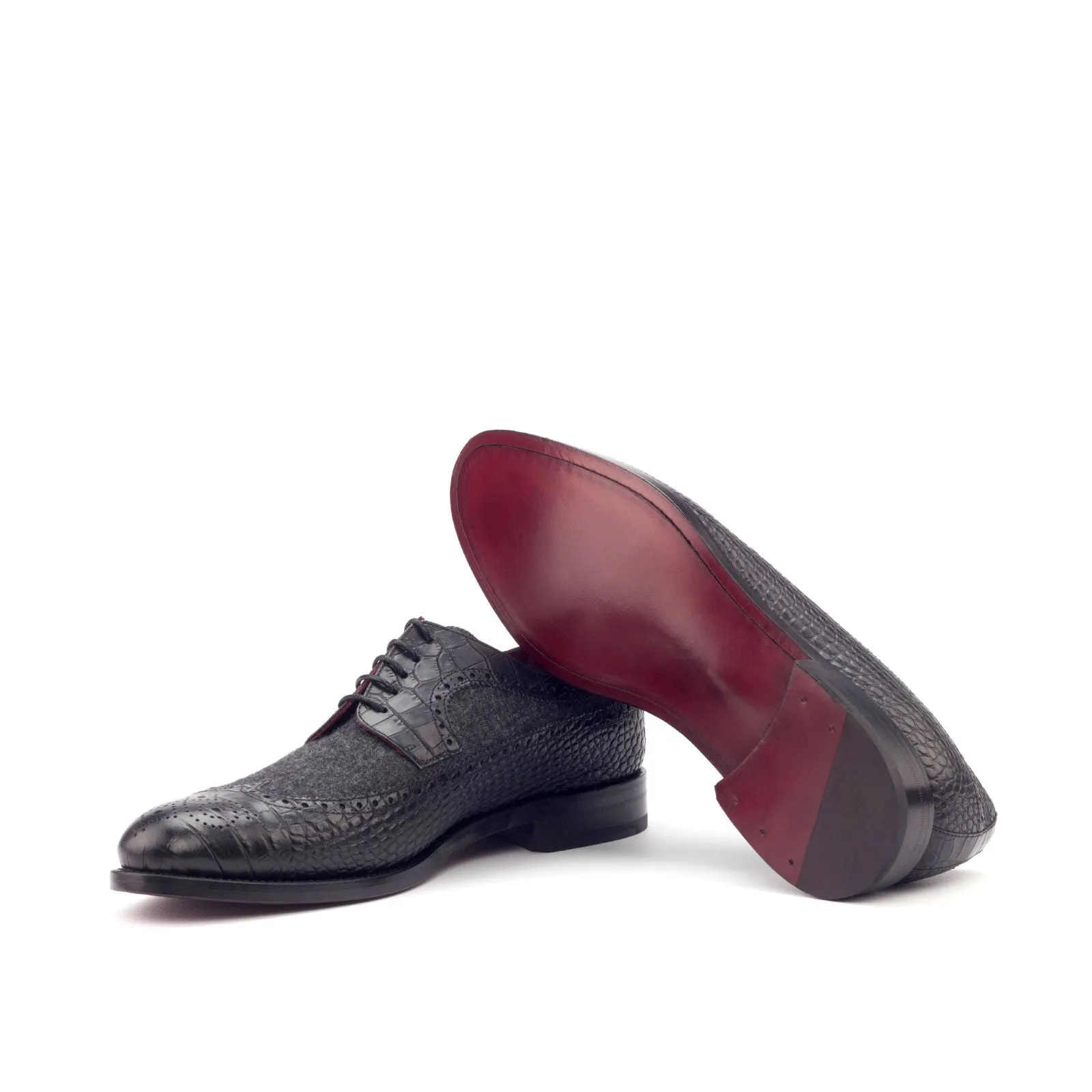DapperFam Zephyr in Black / Dark Grey Men's Italian Croco Embossed Leather & Flannel Longwing Blucher
