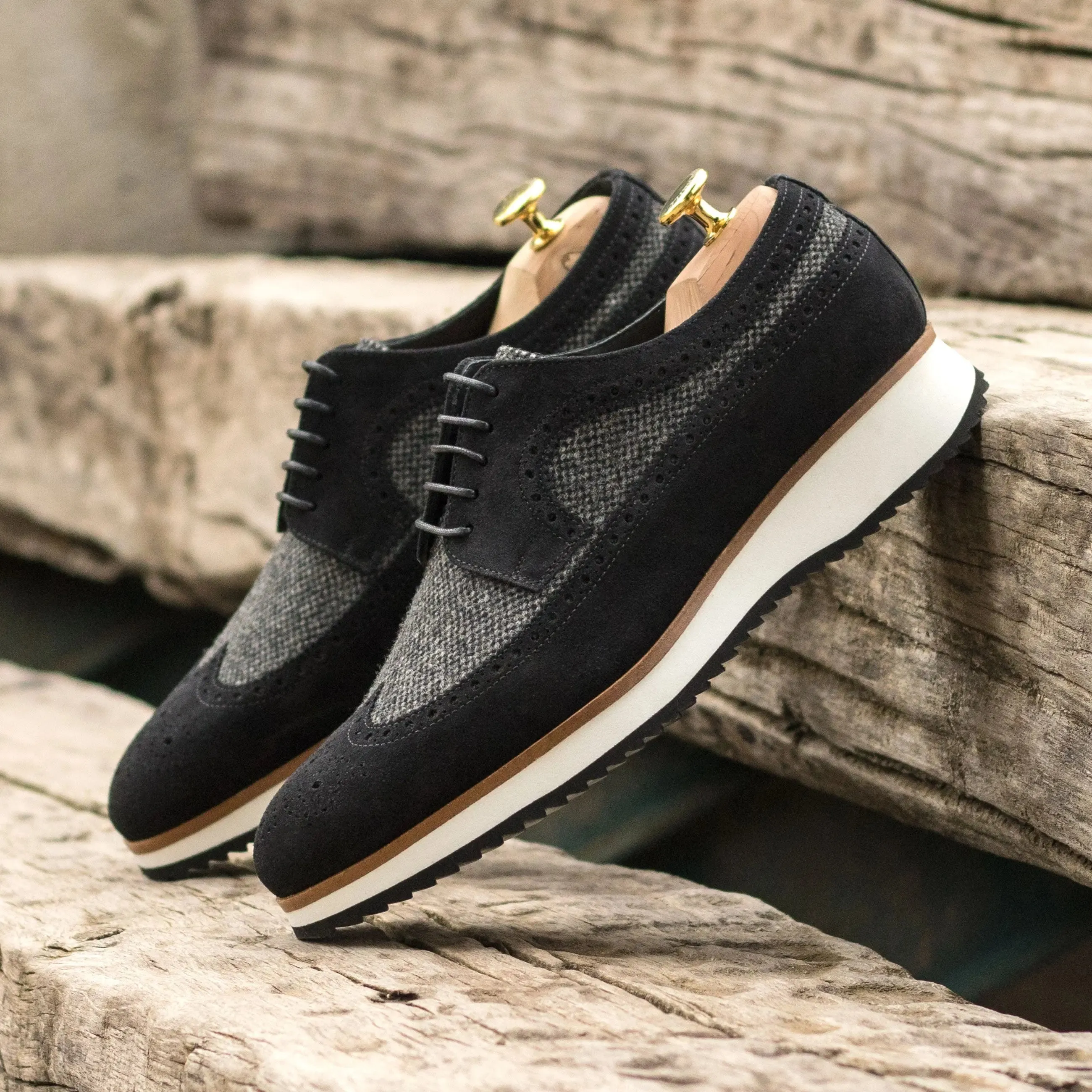DapperFam Zephyr in Black / Nailhead Men's Sartorial & Lux Suede Longwing Blucher