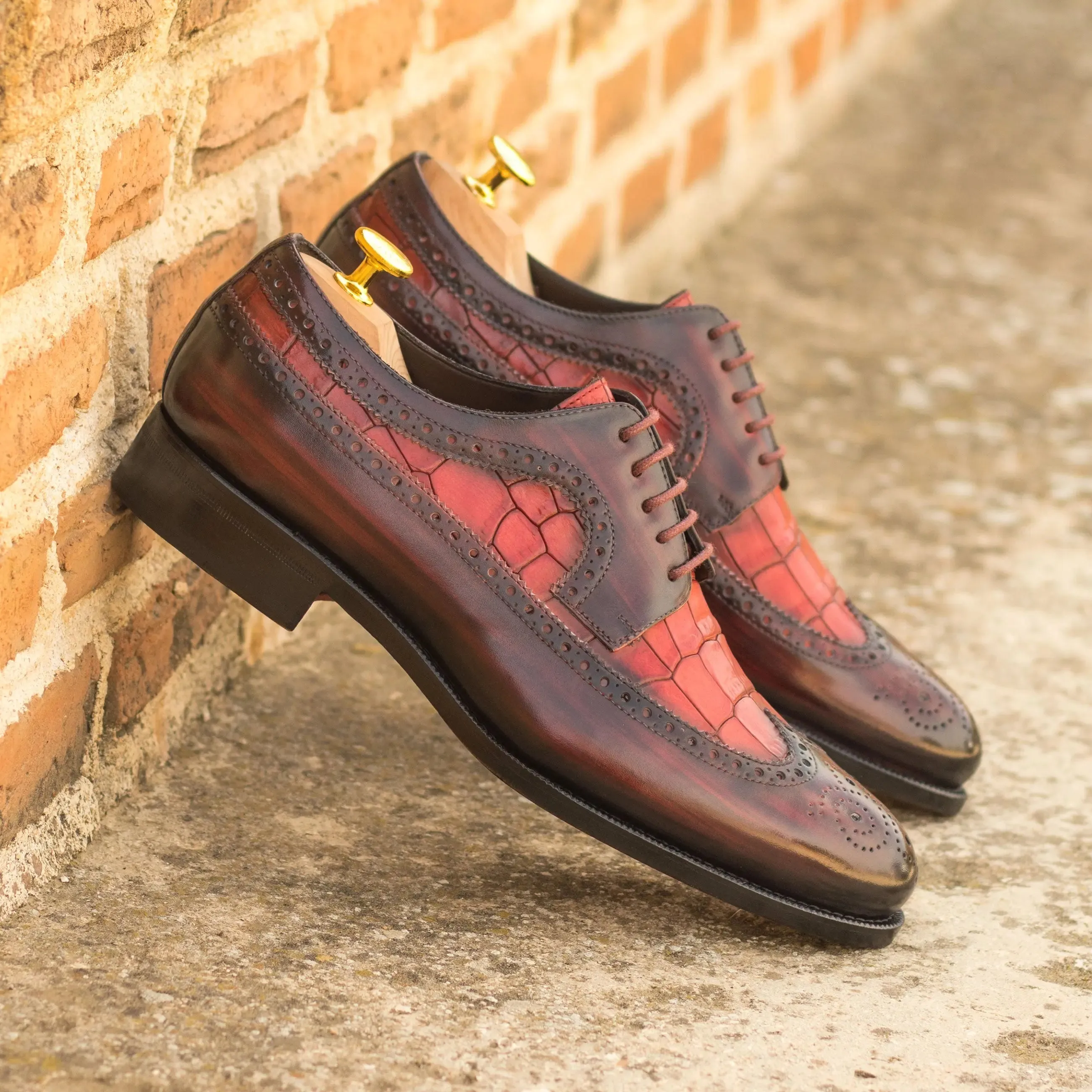 DapperFam Zephyr in Burgundy / Red Men's Hand-Painted Patina Longwing Blucher