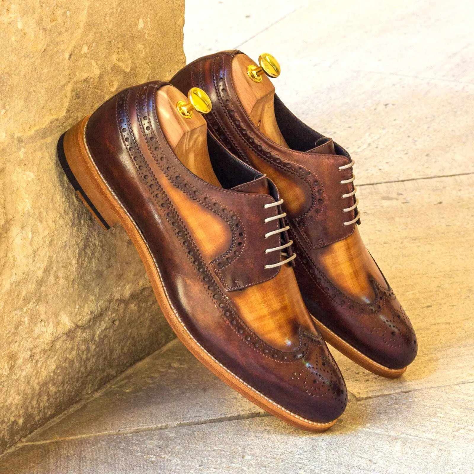 DapperFam Zephyr in Cognac / Brown Men's Hand-Painted Patina Longwing Blucher