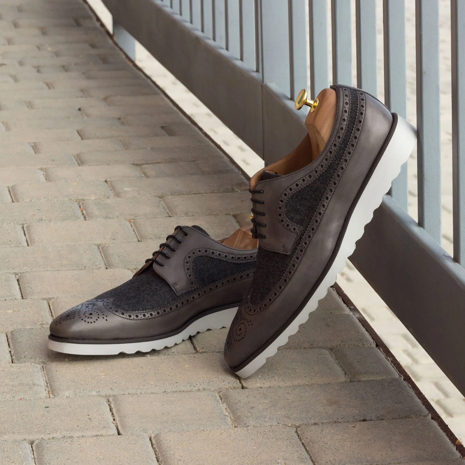 DapperFam Zephyr in Dark Grey Men's Flannel & Italian Leather Longwing Blucher