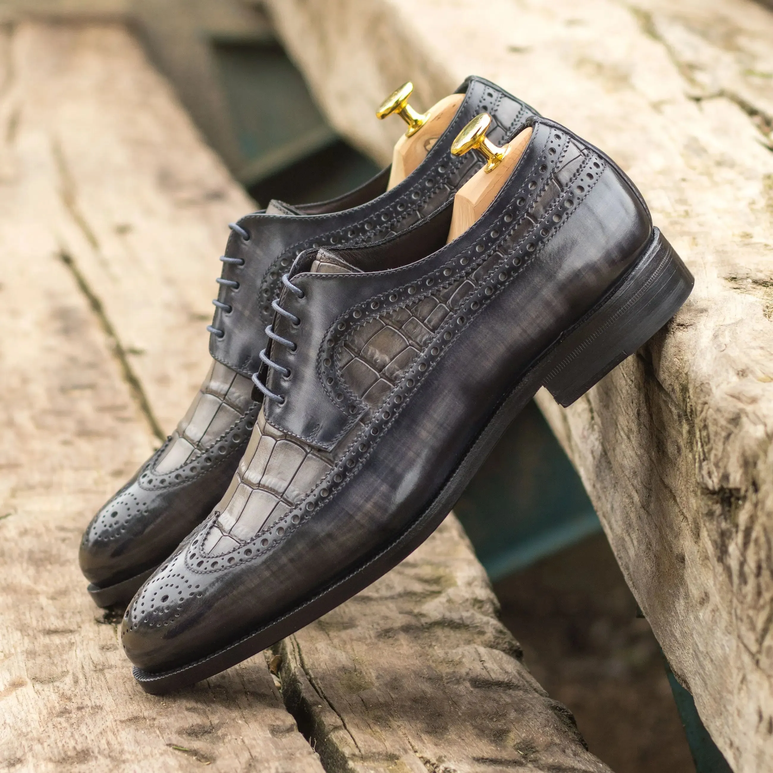 DapperFam Zephyr in Grey Men's Hand-Painted Patina Longwing Blucher