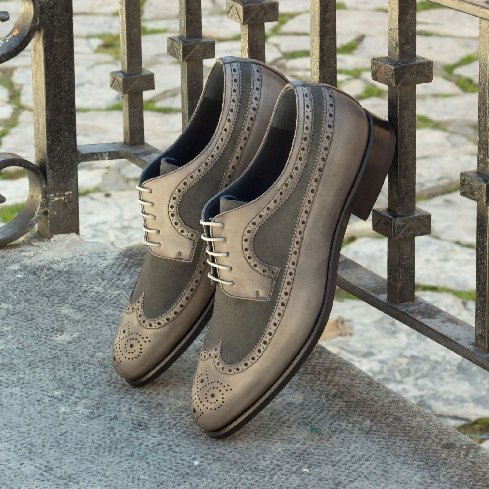DapperFam Zephyr in Grey Men's Lux Suede & Italian Full Grain Leather Longwing Blucher