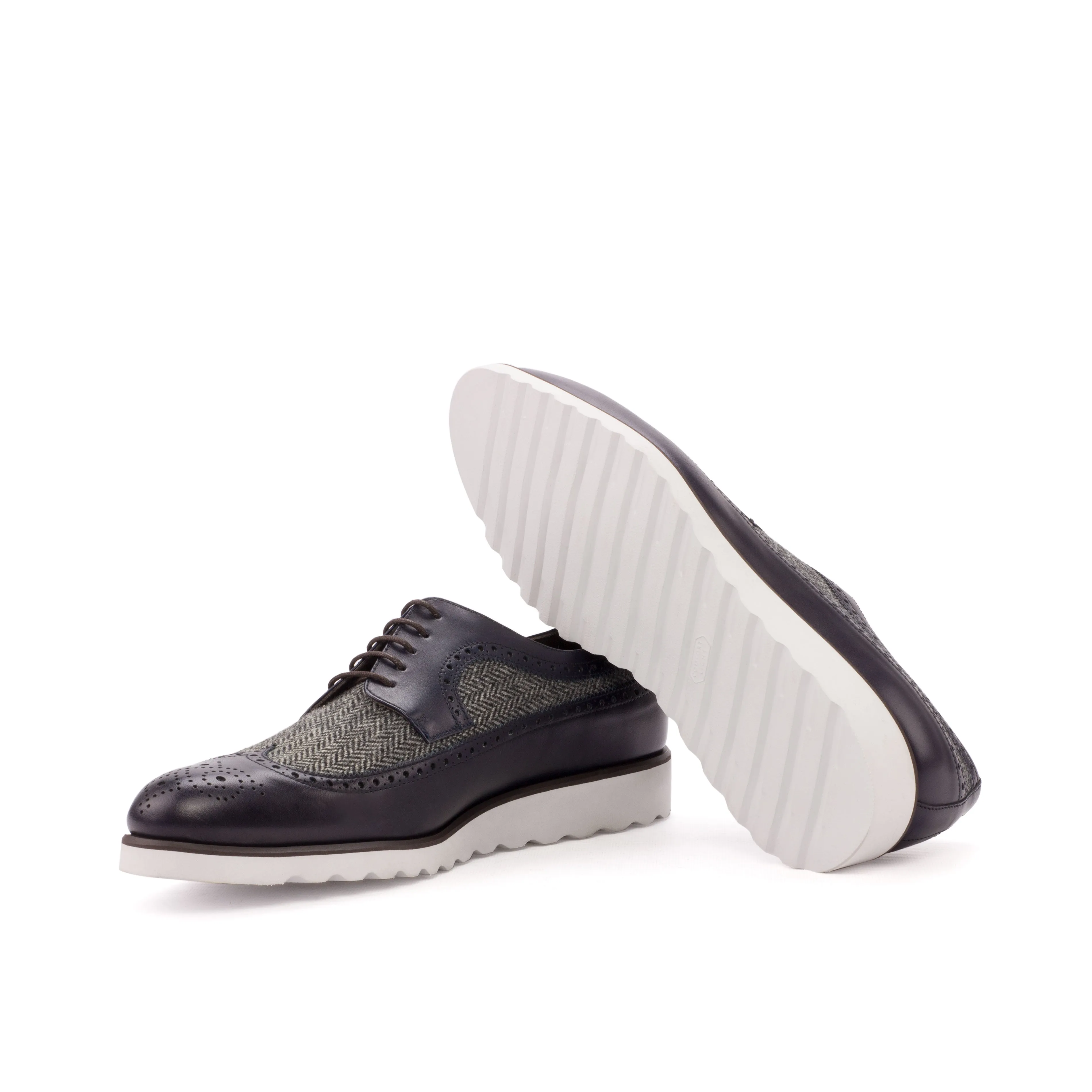 DapperFam Zephyr in Herringbone / Navy Men's Sartorial & Italian Leather Longwing Blucher