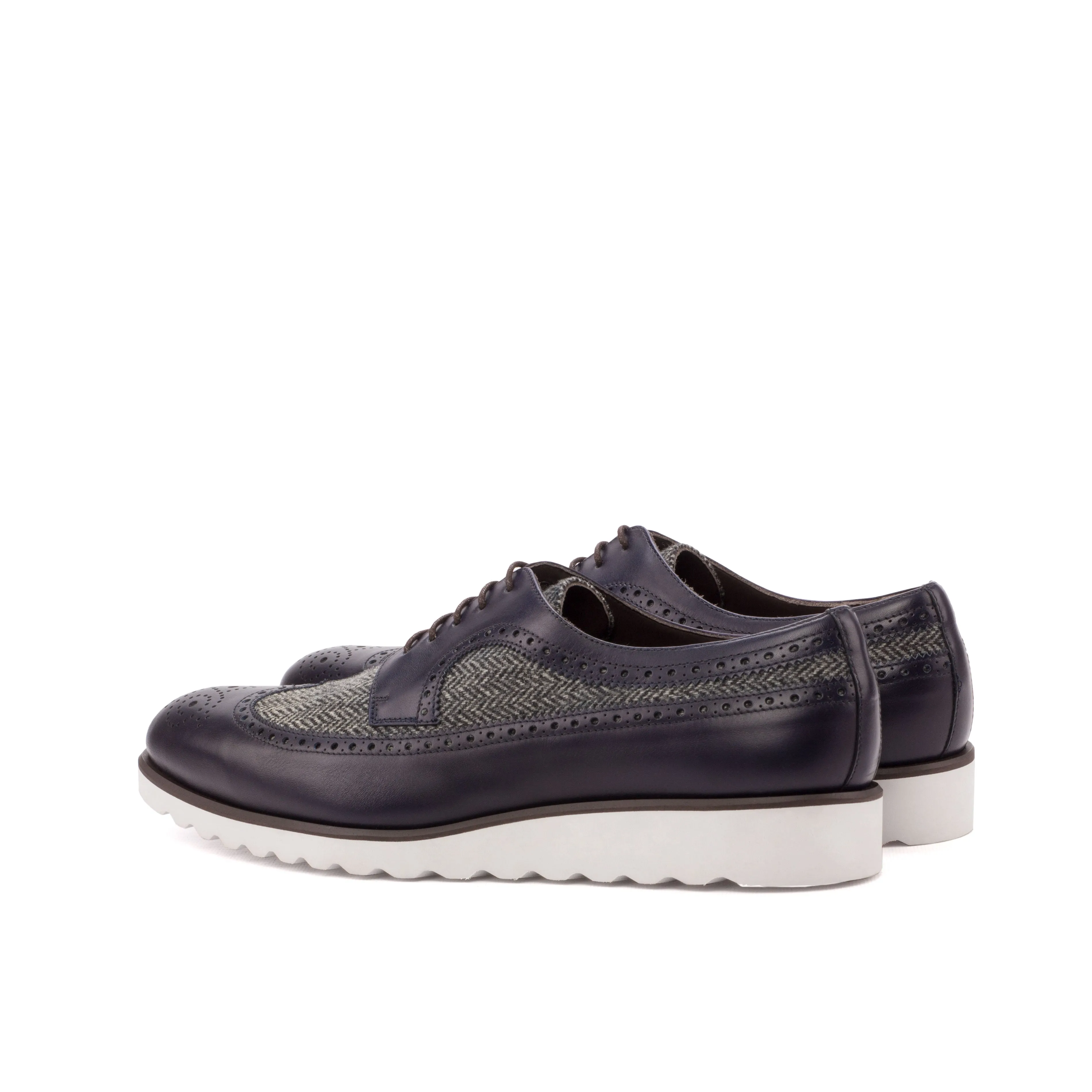 DapperFam Zephyr in Herringbone / Navy Men's Sartorial & Italian Leather Longwing Blucher