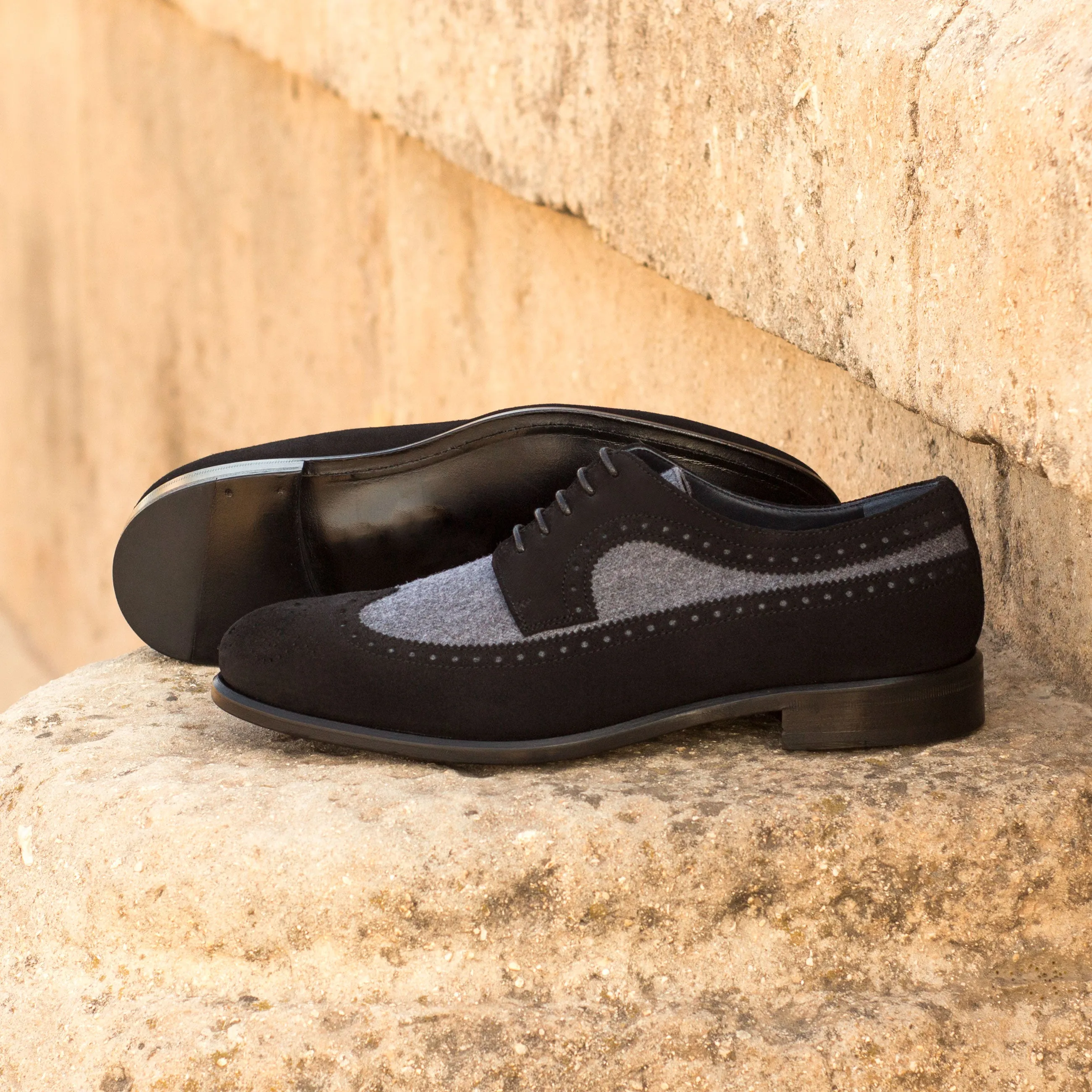 DapperFam Zephyr in Light Grey / Black Men's Flannel & Lux Suede Longwing Blucher
