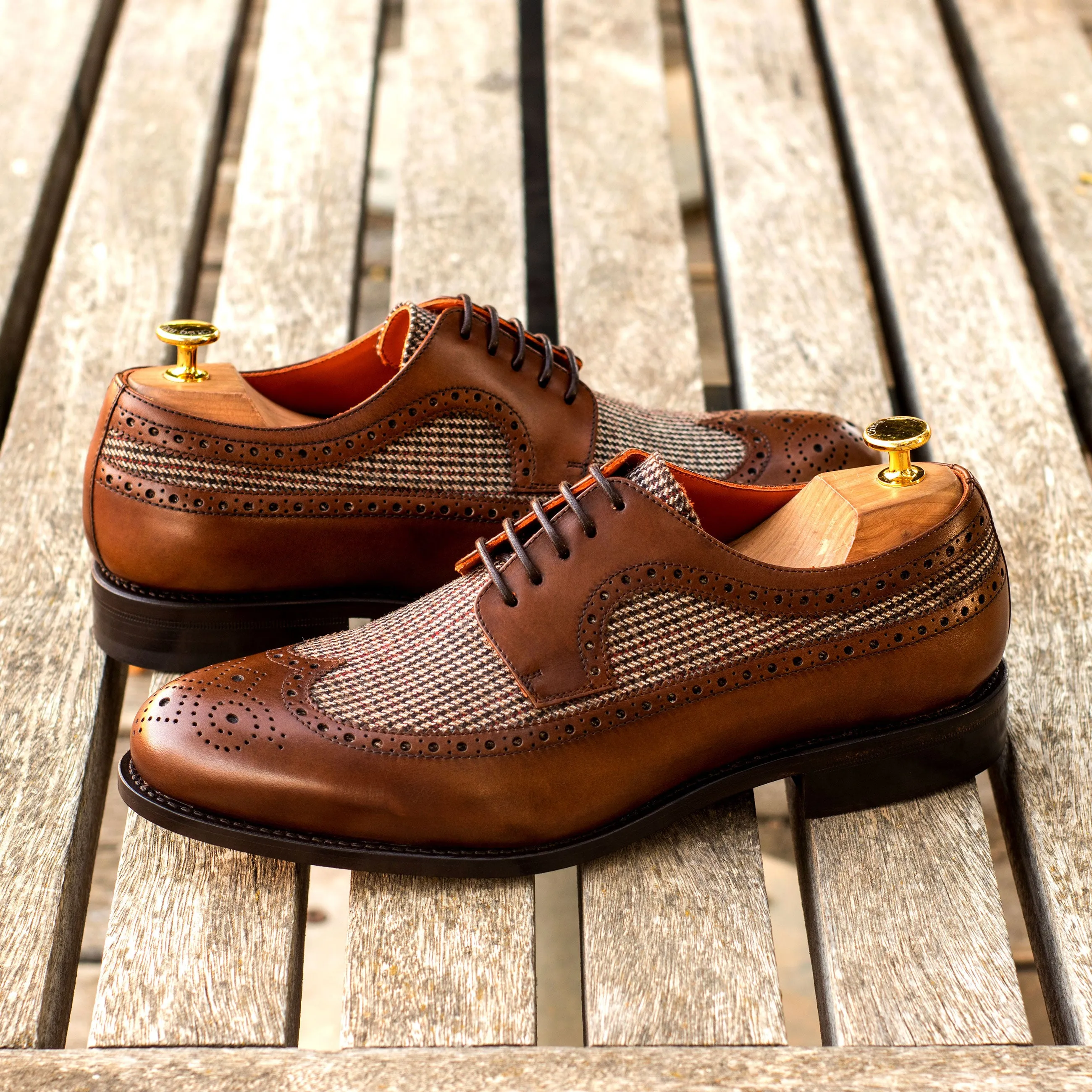 DapperFam Zephyr in Tweed / Med Brown Men's Sartorial & Italian Leather Longwing Blucher