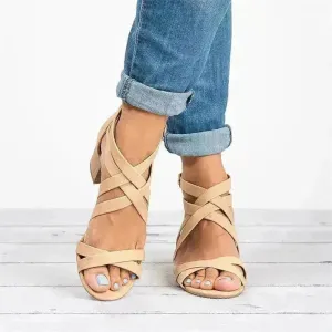 Fish Mouth  Cross Strap Buckle Mid Wedge Heel Plain Women Sandals