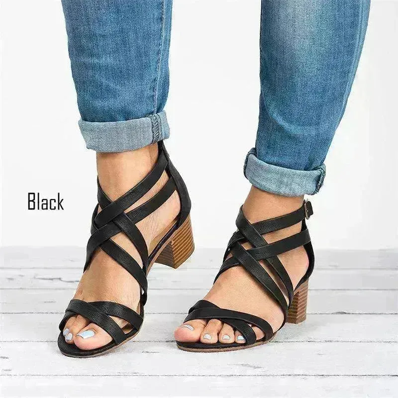 Fish Mouth  Cross Strap Buckle Mid Wedge Heel Plain Women Sandals