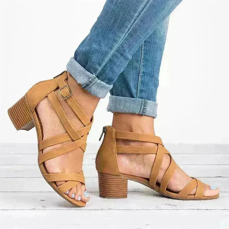 Fish Mouth  Cross Strap Buckle Mid Wedge Heel Plain Women Sandals