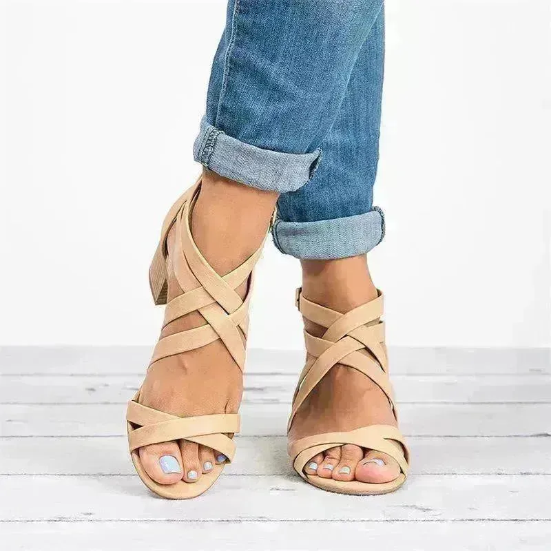 Fish Mouth  Cross Strap Buckle Mid Wedge Heel Plain Women Sandals