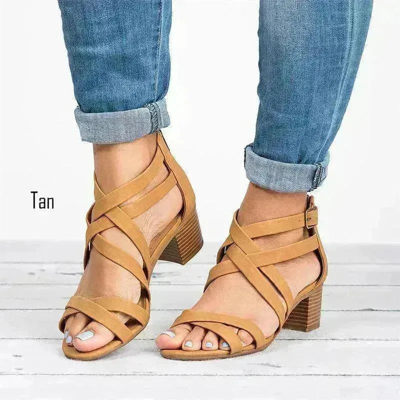 Fish Mouth  Cross Strap Buckle Mid Wedge Heel Plain Women Sandals