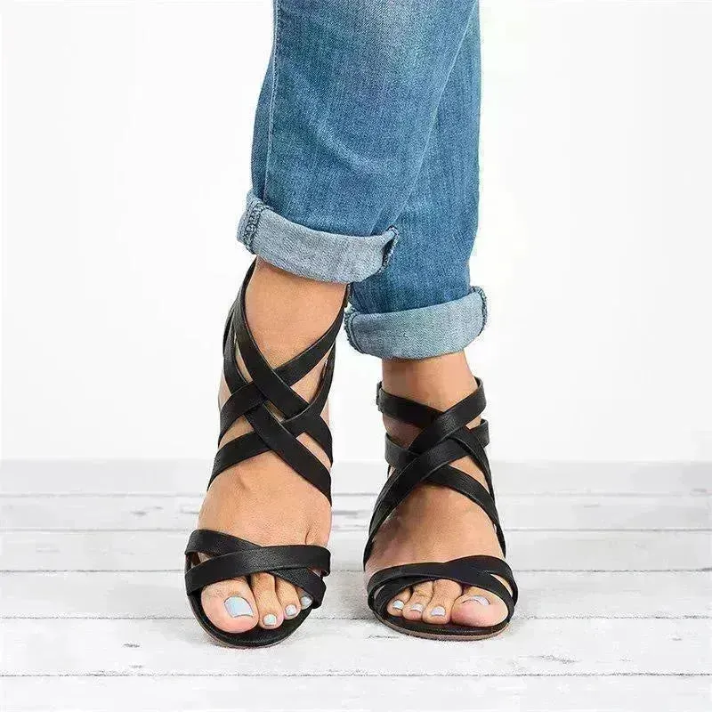 Fish Mouth  Cross Strap Buckle Mid Wedge Heel Plain Women Sandals