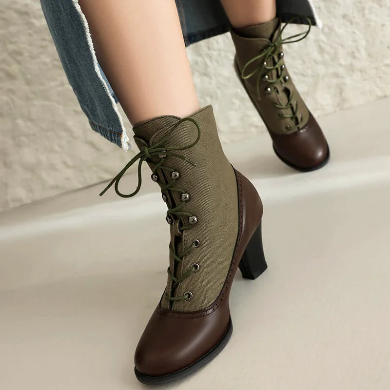 Retro elegant patchwork chunky heels boots