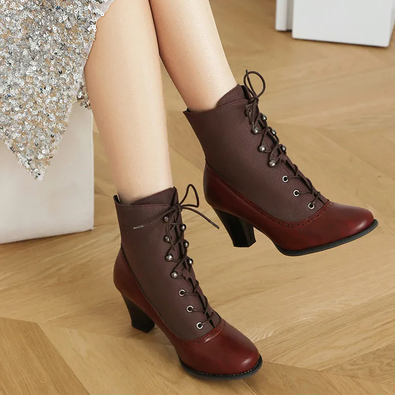 Retro elegant patchwork chunky heels boots