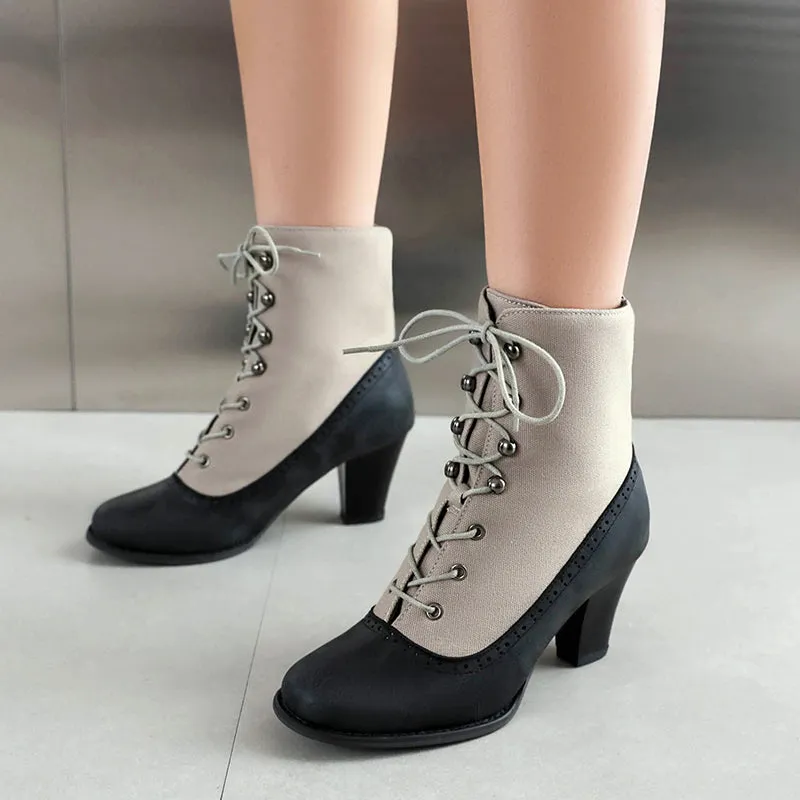 Retro elegant patchwork chunky heels boots