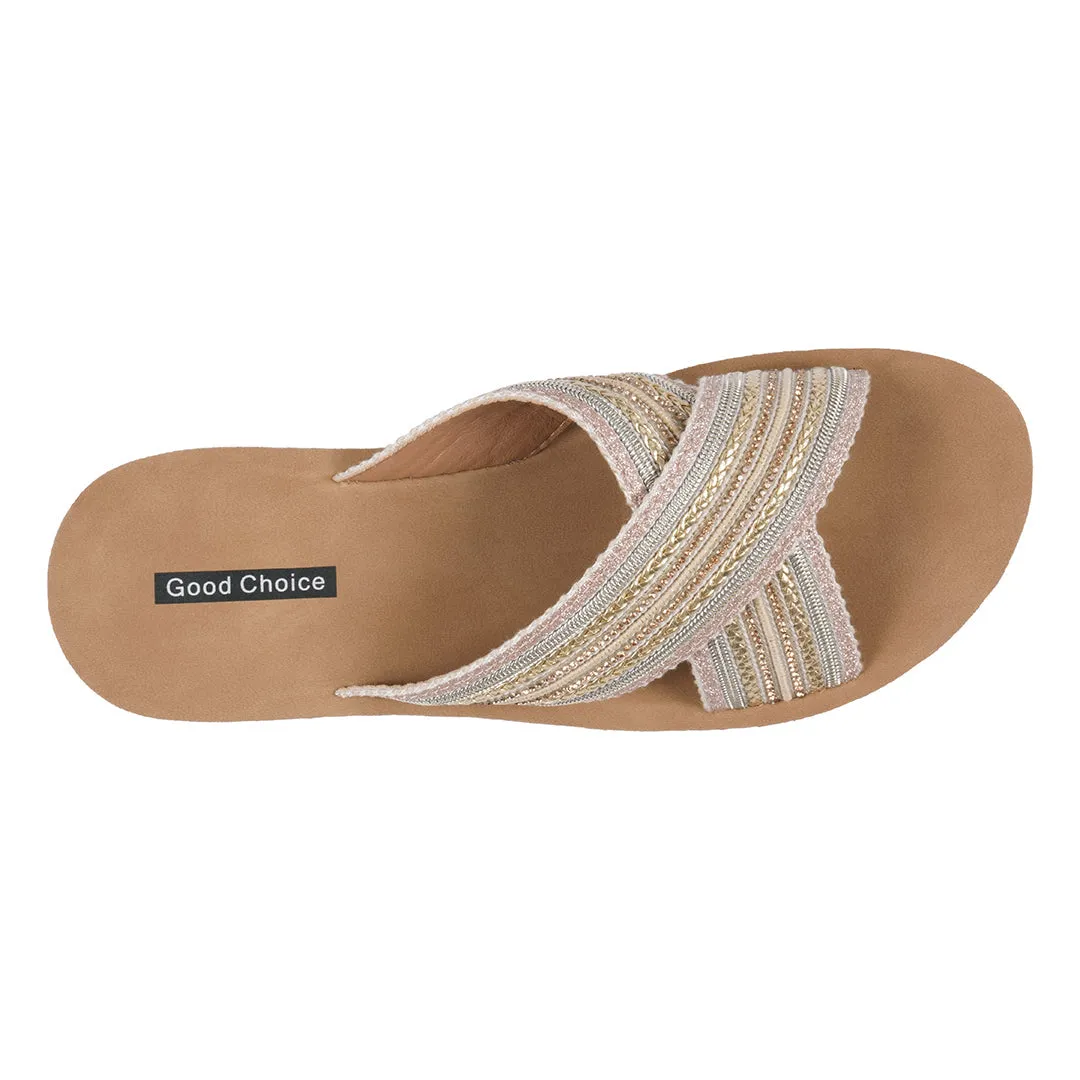 Women's Robyn Gold Embellished Cross Strap Sandals